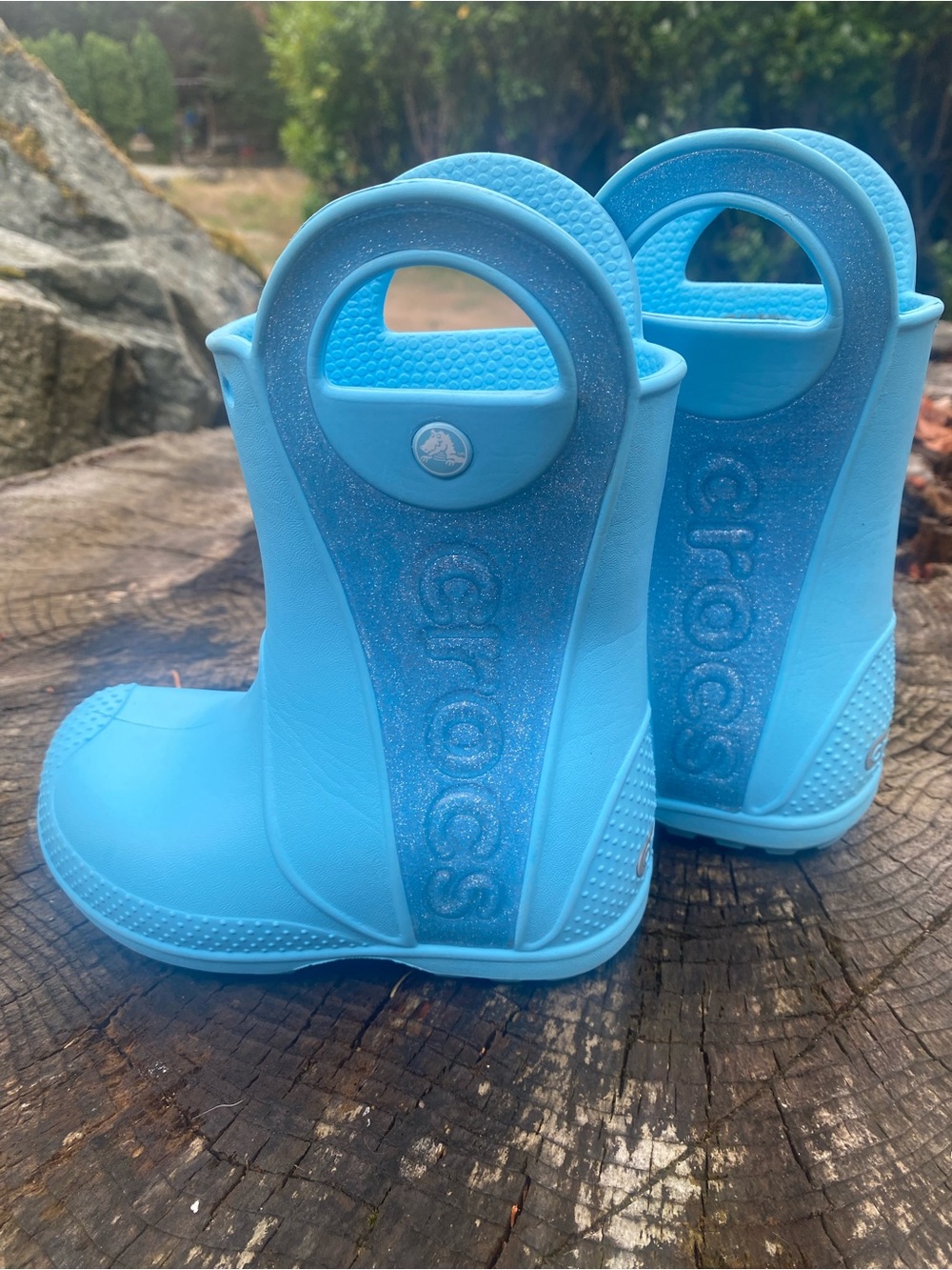 CROCS Kids Handle It Light Blue Glitter-Accent Rain Boots